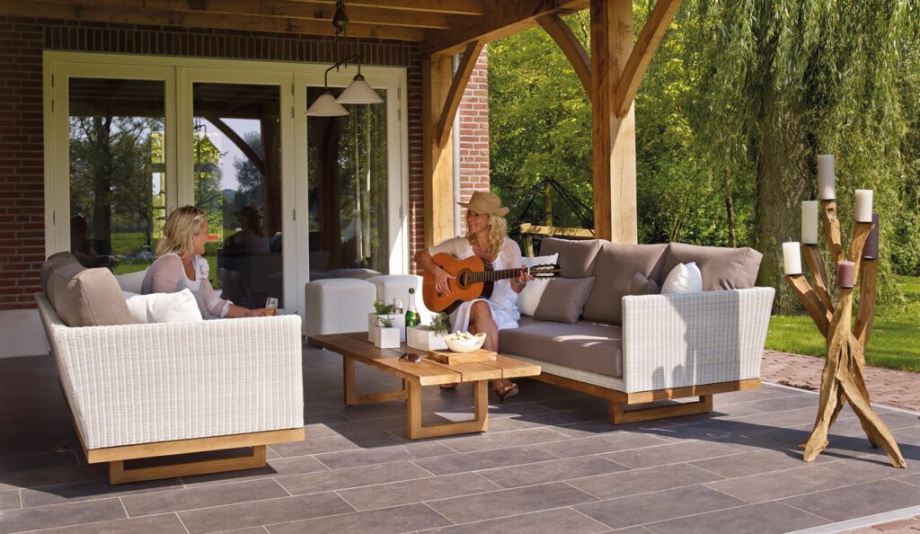 Great decking area with two women enjoying beatiful weather